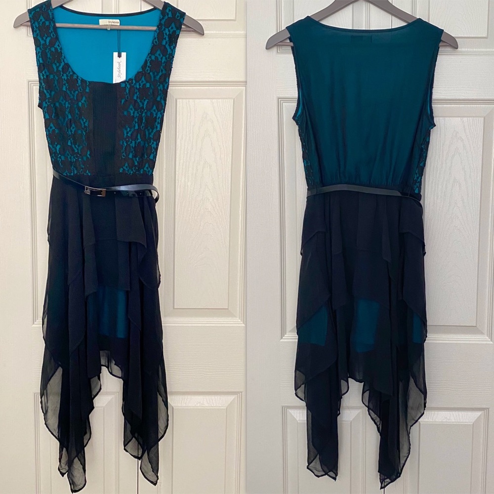 Black Teal Belted Dress Stylebook Handkerchief Hem